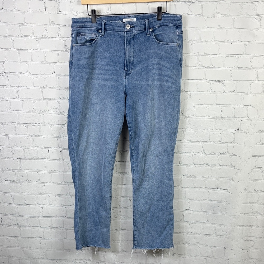 GOOD AMERICAN Good Legs Straight Distressed Raw Hem Jeans size 16 - Picture 2 of 11